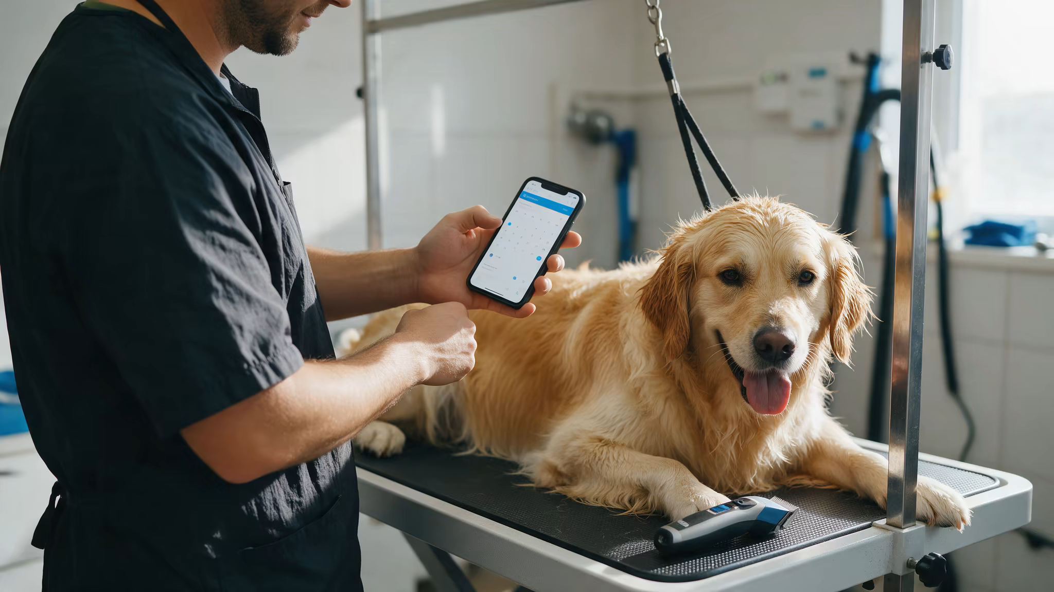 Toiletteuse consultant ses rendez-vous sur son téléphone à côté de la table de toilettage