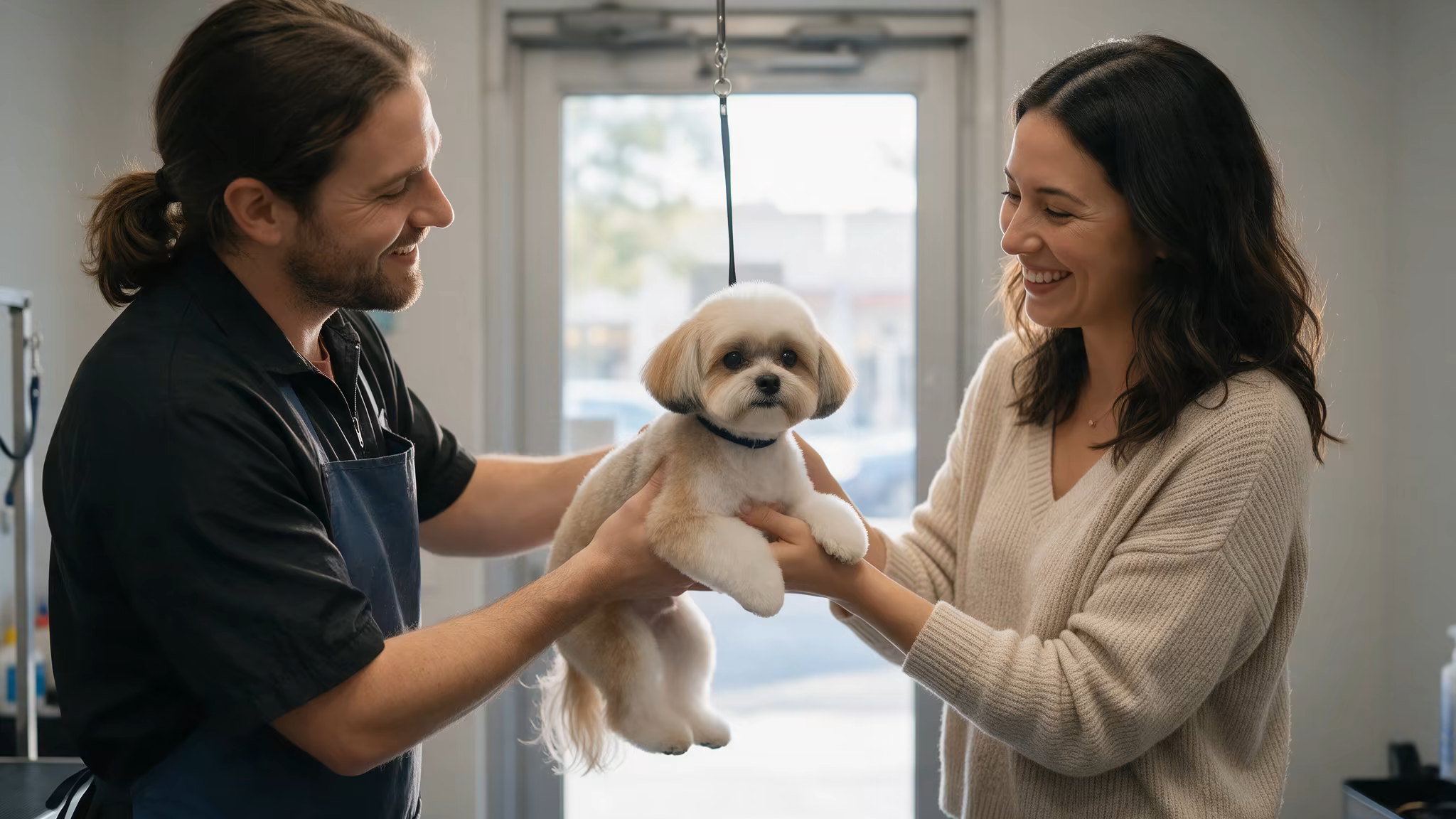 Chien fraîchement toiletté rendu à sa propriétaire à la sortie du salon