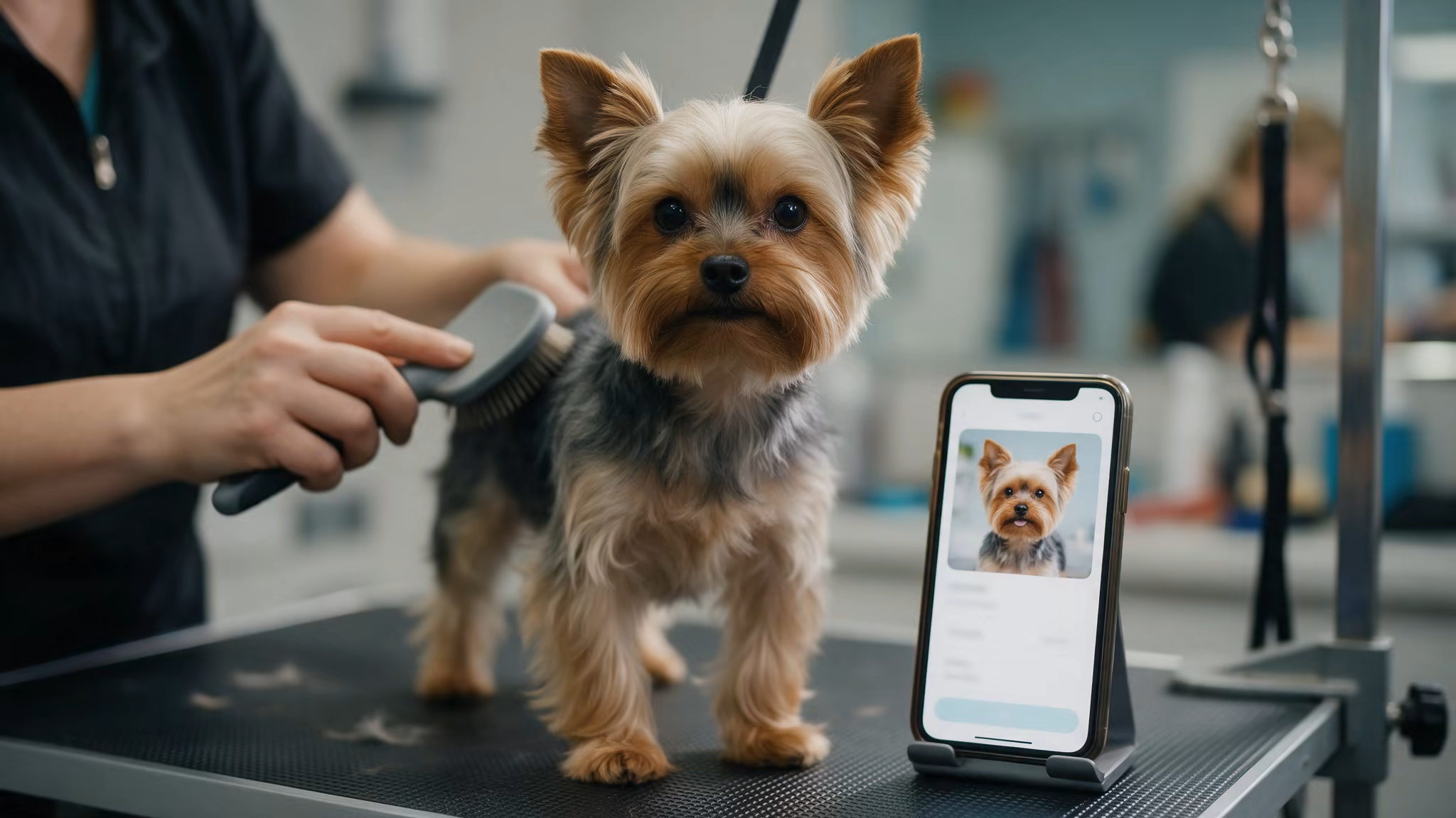 Toiletteuse brossant un petit chien sur la table de toilettage, la fiche du chien ouverte sur le téléphone