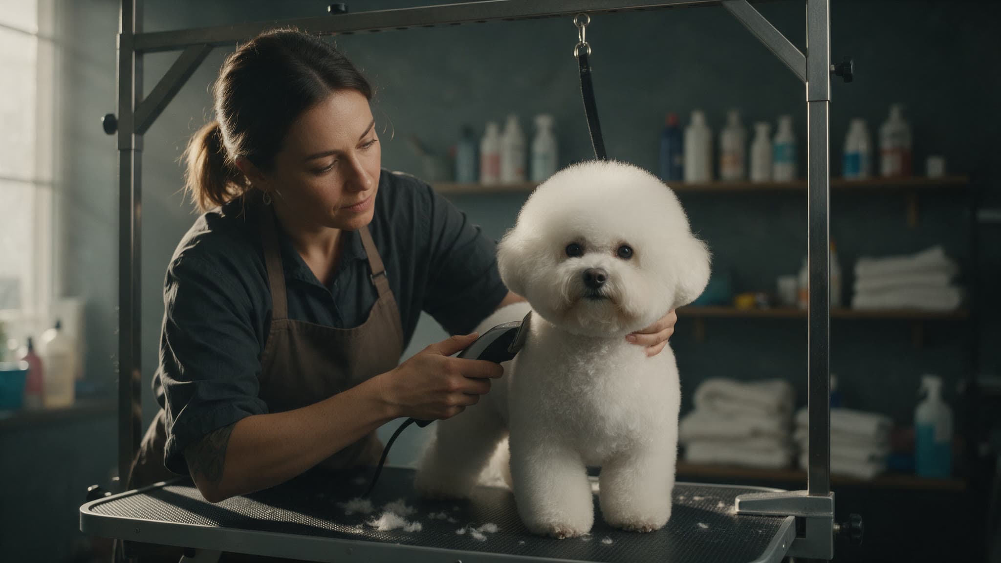 Toiletteuse tondant un chien sur la table de toilettage dans un salon de toilettage canin